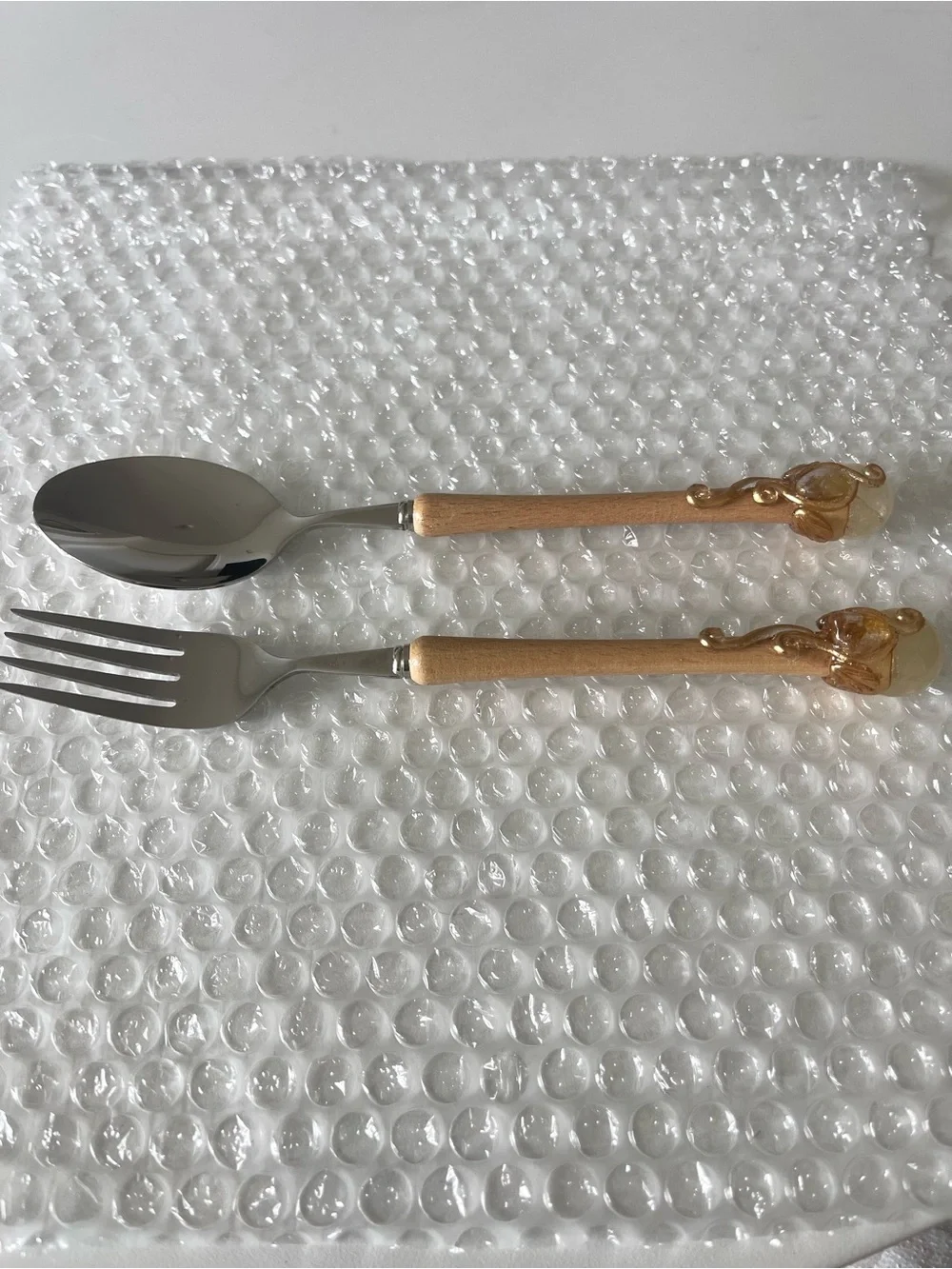 Handmade Wood-Handle Stainless Steel Spoon and Fork Set Decorative Crystal Ends